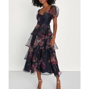 Lulu's Navy Floral Tiered Midi Dress
